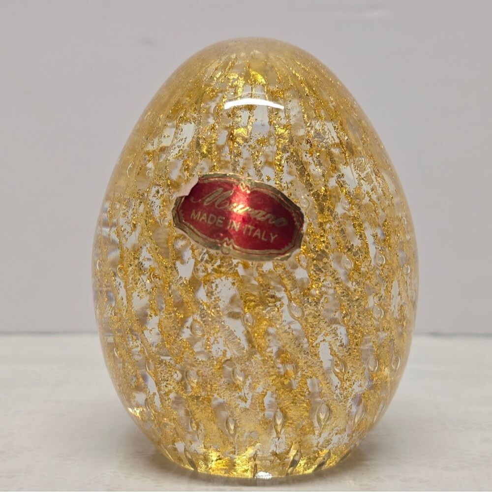 Vintage Murano Gold Leaf Specks Lattice Net Clear Egg Bullicante Paperweight
